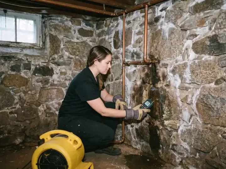 A moisture meter reading taken on a damp wall next to a running air mover