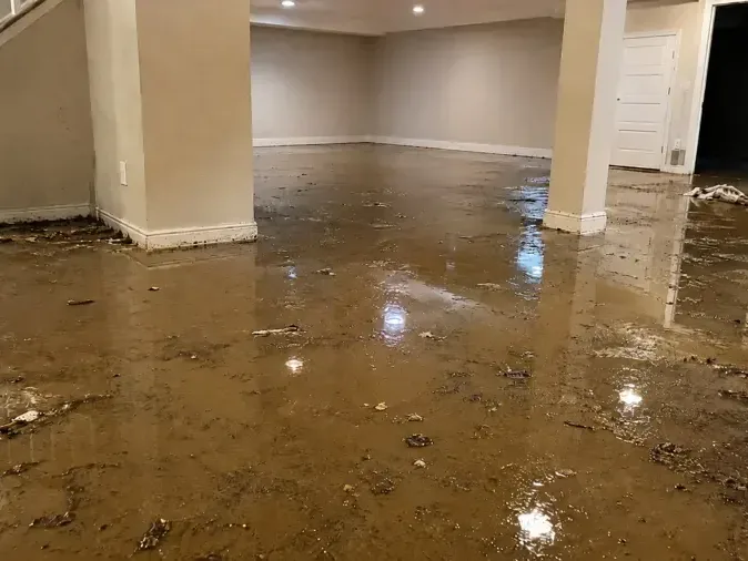 Standing water spread across a finished lower floor