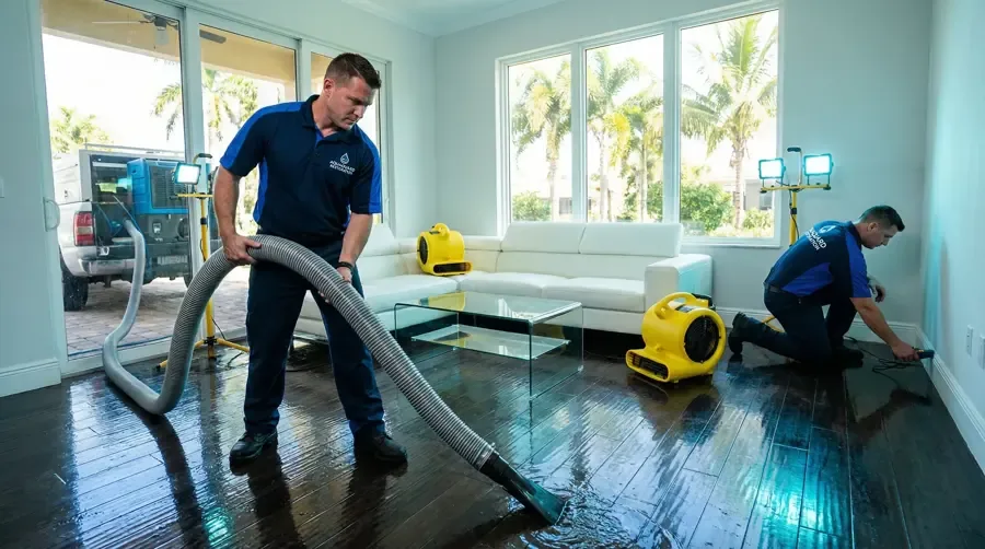 A restoration technician extracting standing water from the flooring of a water damaged home before the drying equipment goes in