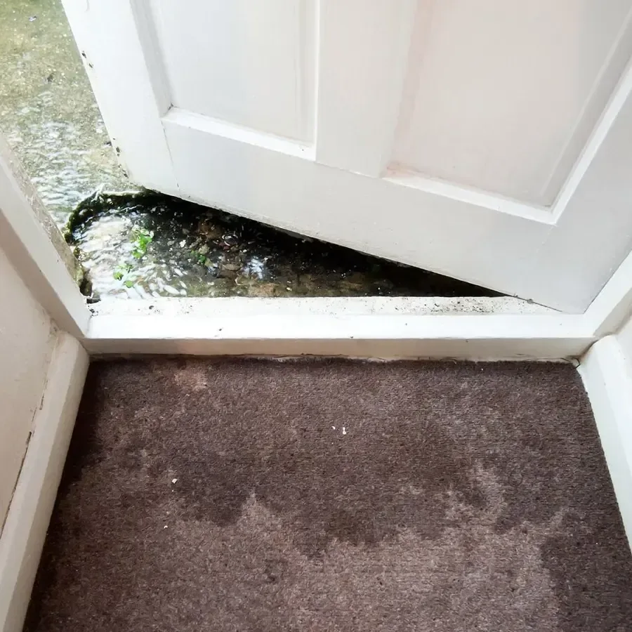 Wind-driven rain pushing in under an exterior door and soaking the carpet