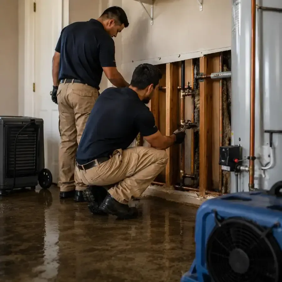 Technicians checking an opened wall beside an air mover during structural drying