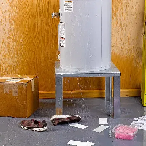 Water pooled on the floor around a water heater stand in a utility room